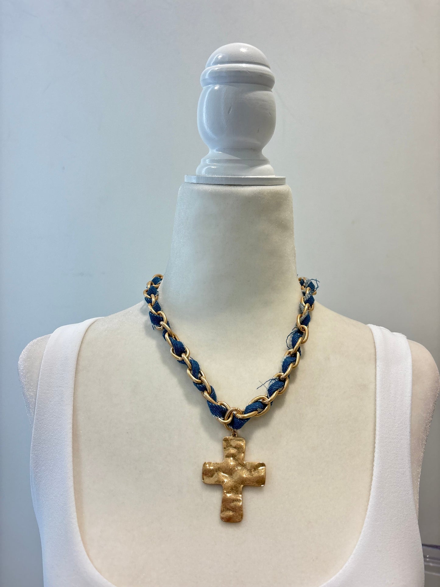 Hammered Cross Denim Necklace