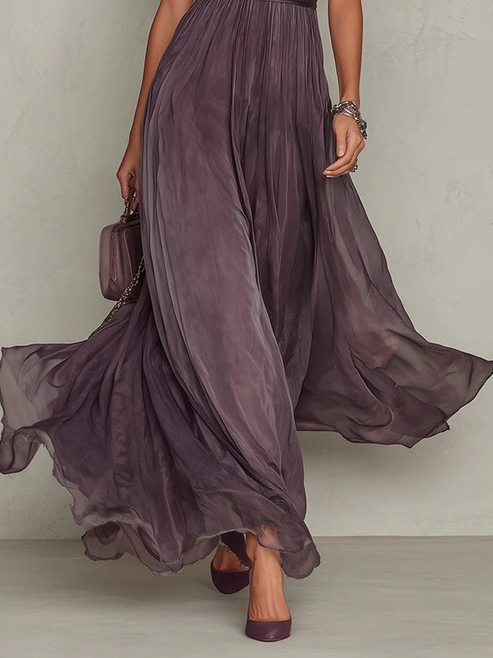 Flavia • Long purple dress with keyhole neckline, chiffon lace trim