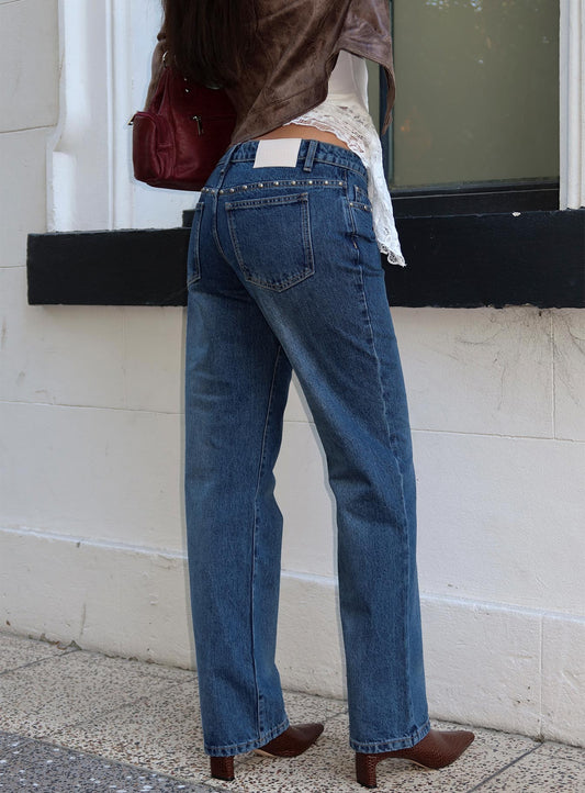 So Dazzling Studded Low Rise Straight Leg Jeans Dark Wash
