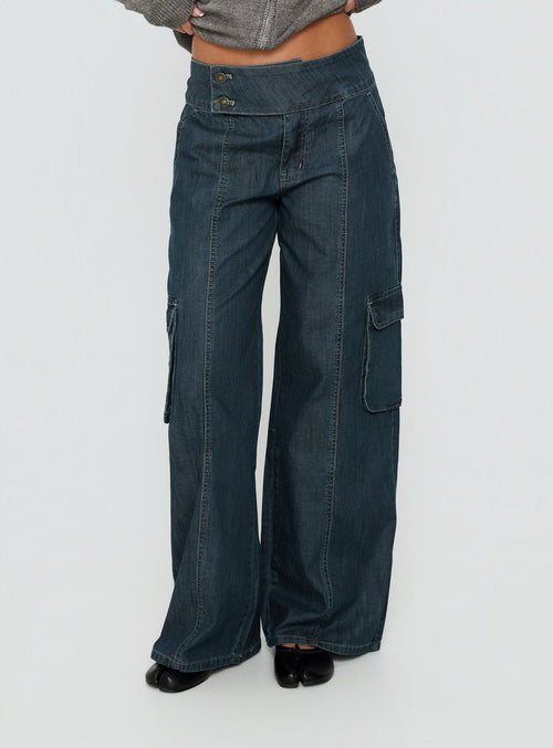 Nikoletta Mid Rise Wide Leg Cargo Jeans Dark Blue Wash