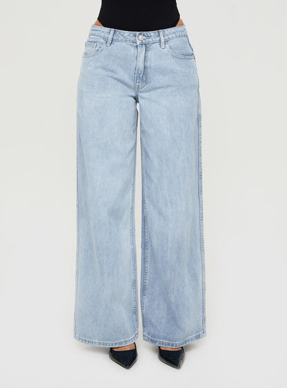 Ramos Low Rise Wide Leg Denim Jeans Light Blue Wash
