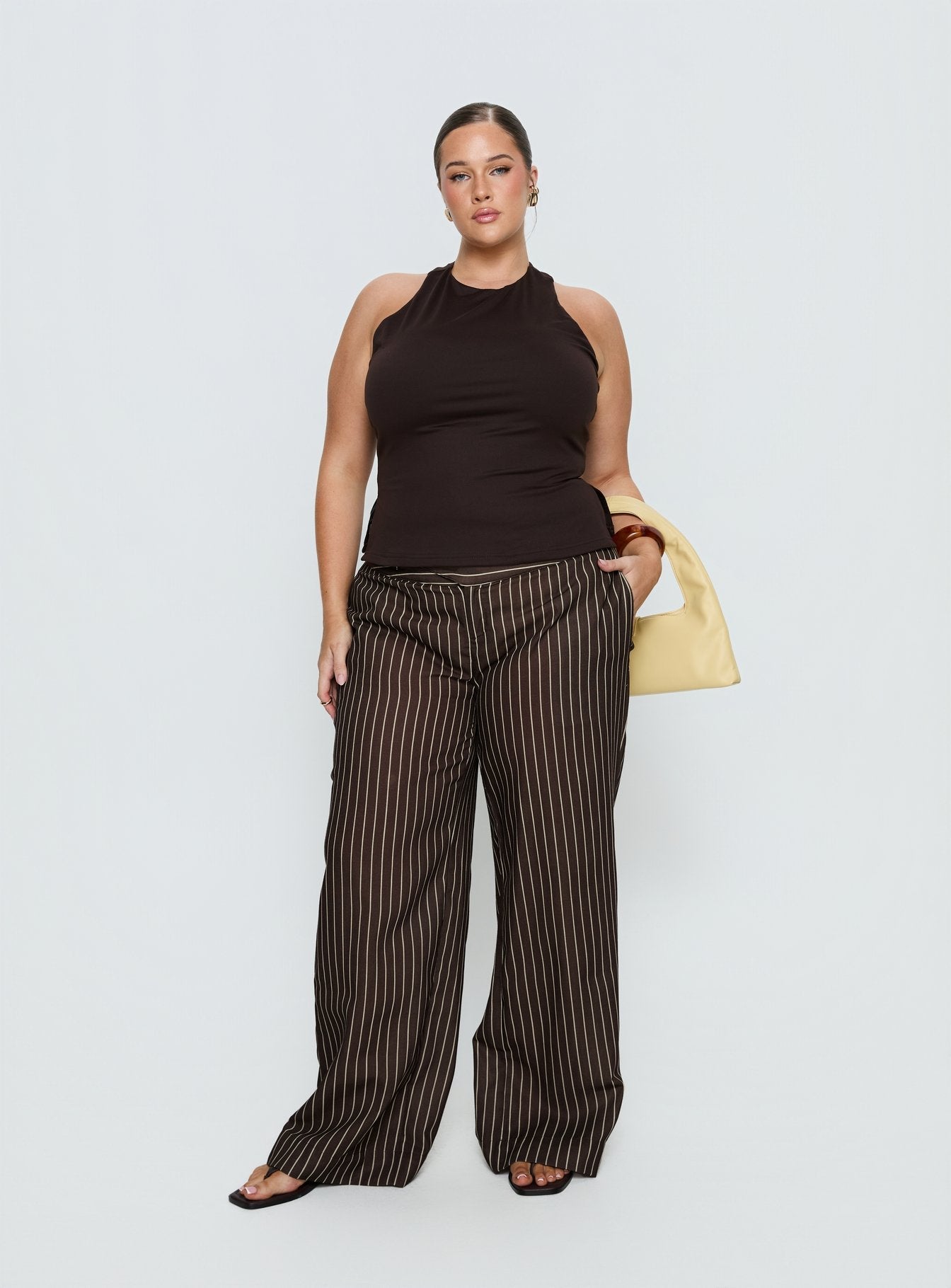 Winslie Thick Waistband Buckle Pants Chocolate Stripe Curve