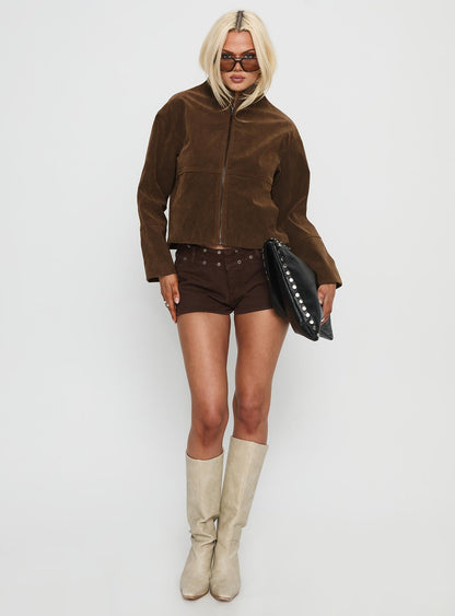 Jessalynn Faux Suede Zip Through Jacket Brown