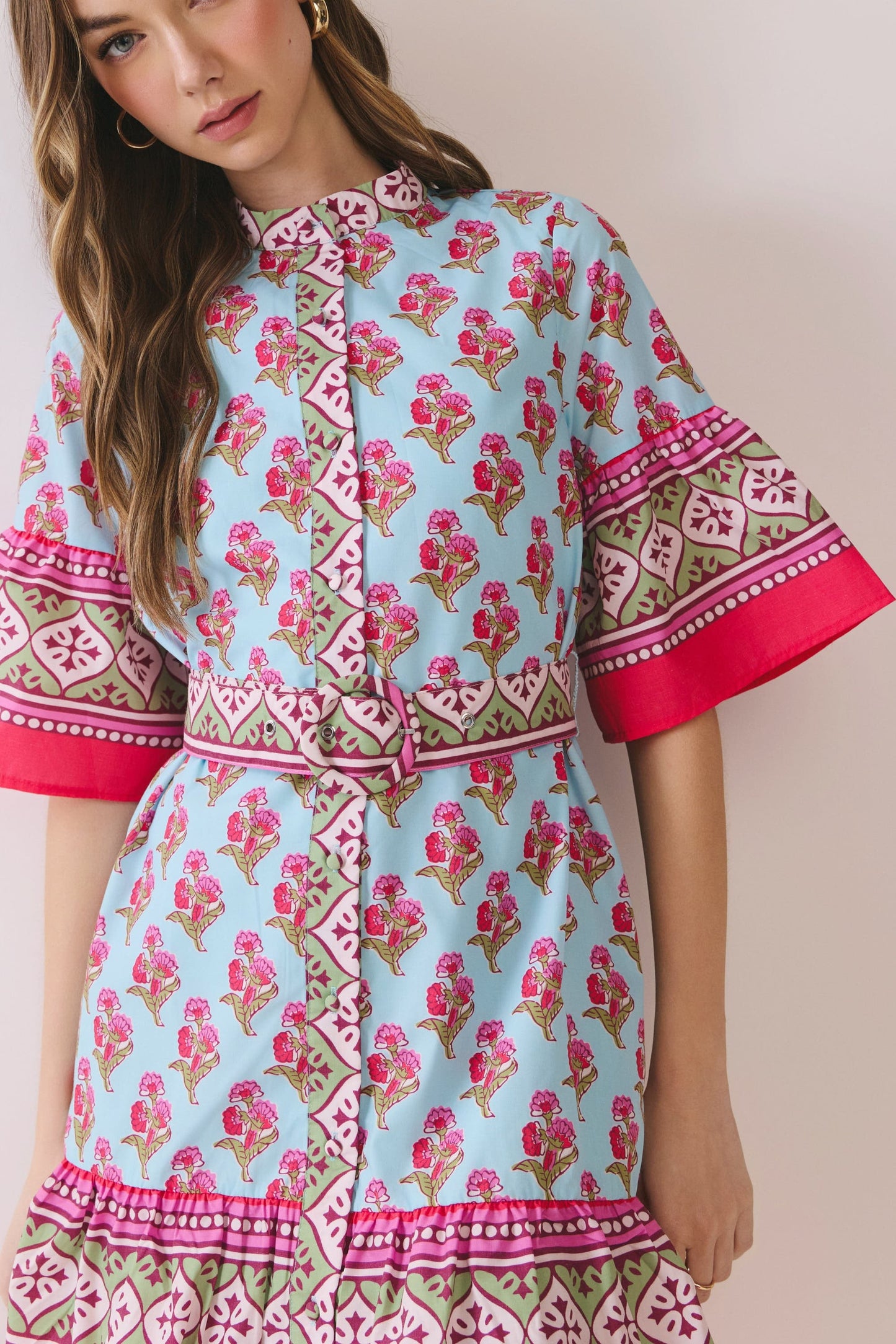 Isla Block Print Belted Mini Dress