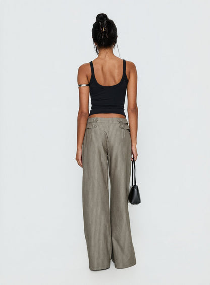 Jette Tailored Buckle Pant Taupe Pinstripe