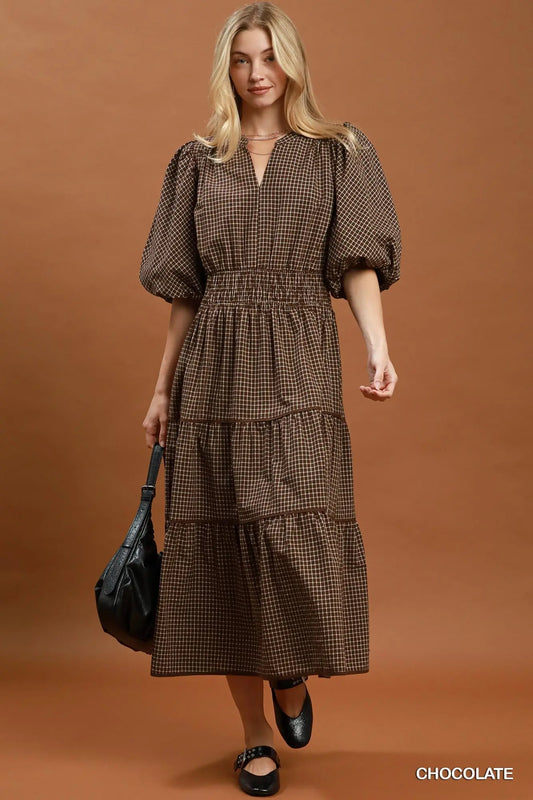 Checkered Puff Sleeve Tiered Dress
