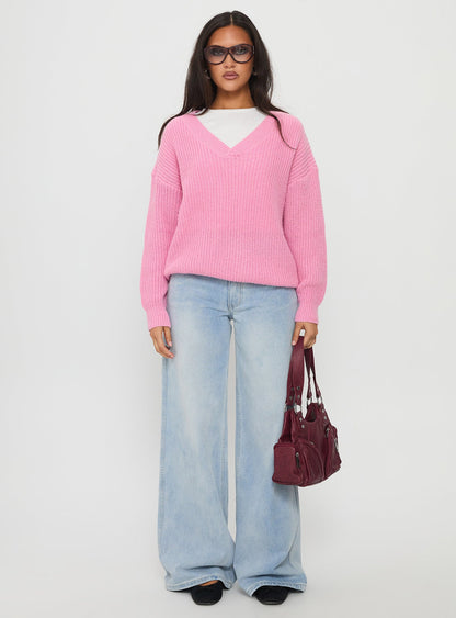 Zoea V Neck Knit Sweater Pink