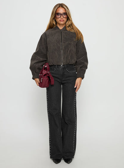Saving Up Mid Rise Straight Leg Studded Jeans Jet Black