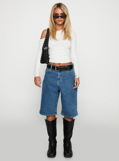 Retro Dream Mid Rise Longline Denim Shorts Mid Wash