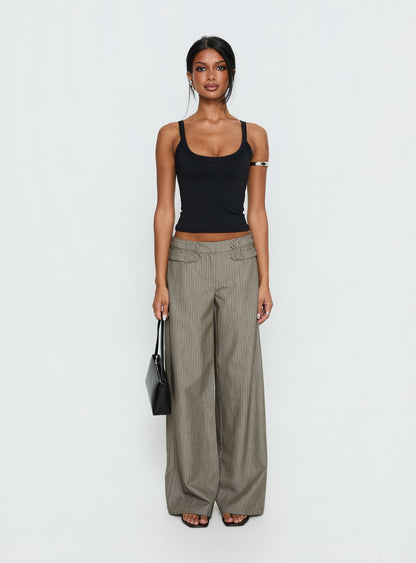 Jette Tailored Buckle Pant Taupe Pinstripe