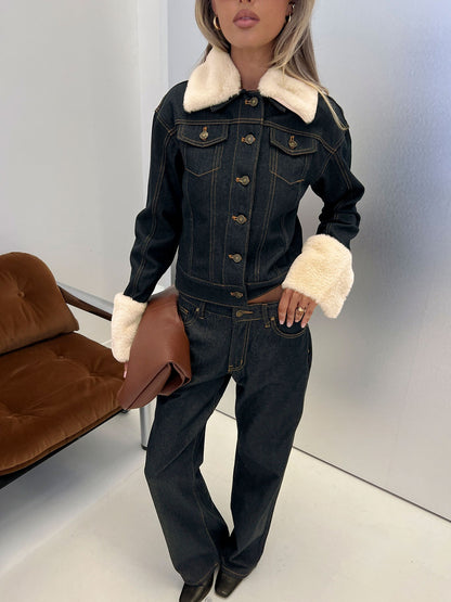 Apres Faux Fur Trim Denim Jacket Indigo