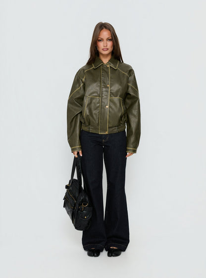 Jaxton Faux Leather Bomber Jacket Olive
