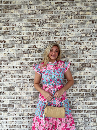 Bright Floral Scallop Midi Dress