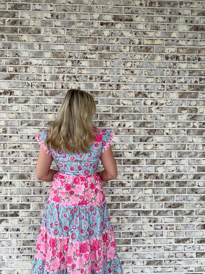 Bright Floral Scallop Midi Dress