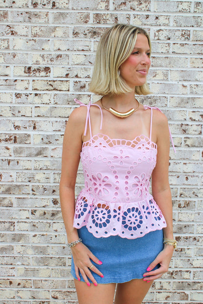 Eyelet Peplum Tie Tank Top