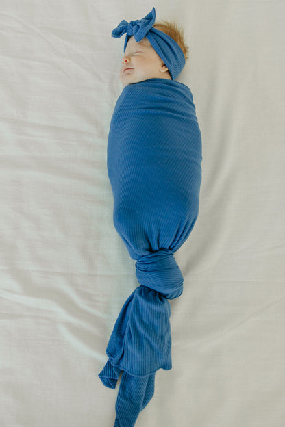 Rib Knit Headband Bow - Indigo