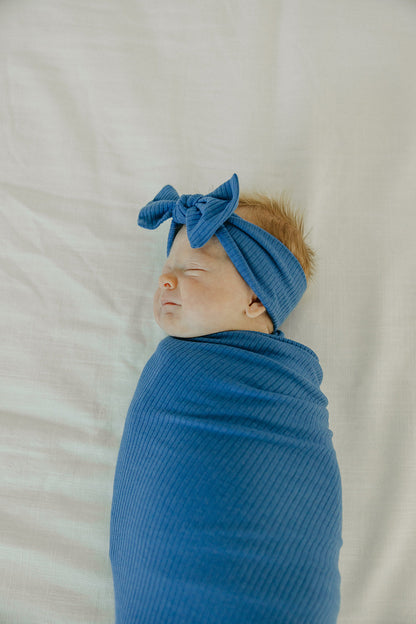 Rib Knit Headband Bow - Indigo