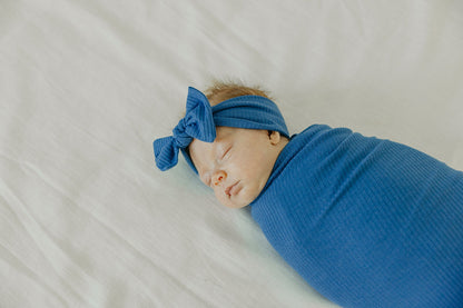 Rib Knit Headband Bow - Indigo