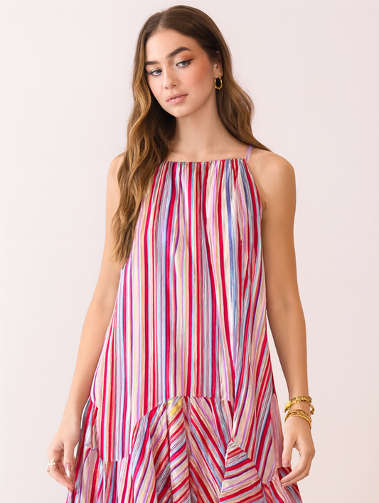 Camille Multi-Striped Ruffle Dress