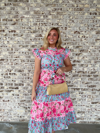 Bright Floral Scallop Midi Dress