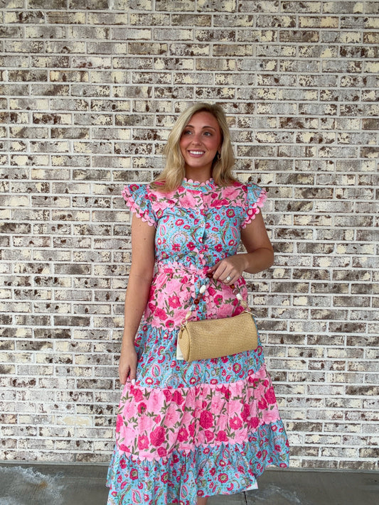 Bright Floral Scallop Midi Dress