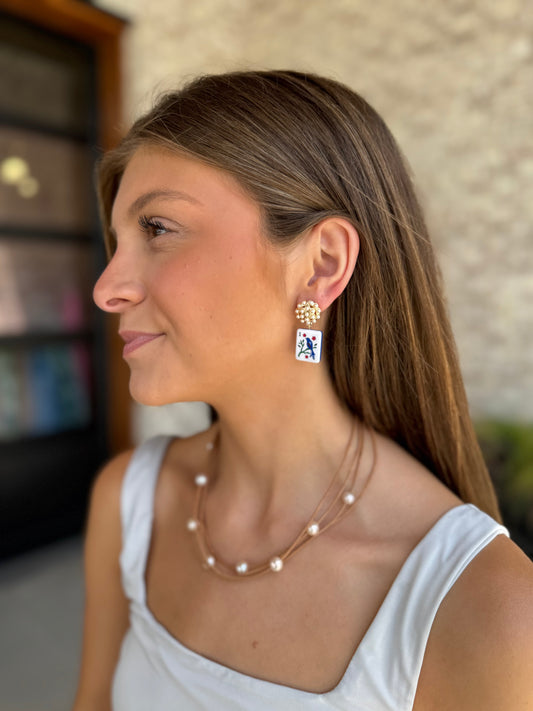 Mahjong Tile & Cluster Pearl Earrings