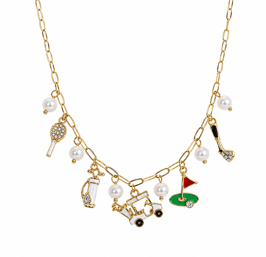 Golf Theme Multi Charm & Pearl Necklace