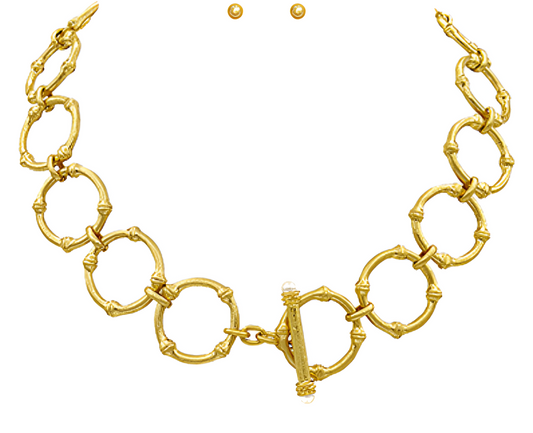 Golden Bamboo Link Necklace & Stud Set