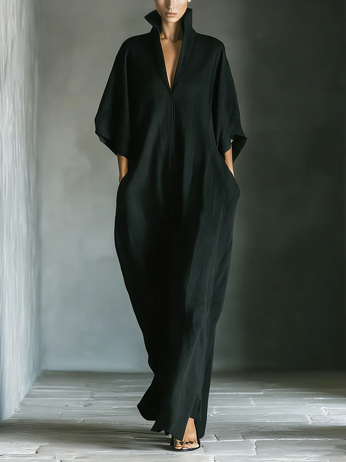 Alessandra • Oversized Minimalist Black Maxi Dress with Kimono Sleeves