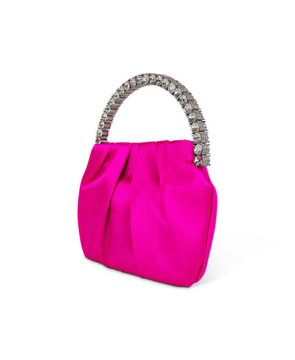 Neon Pink | Audrey Pleated Satin Pouch with Halfmoon Crystal Handle