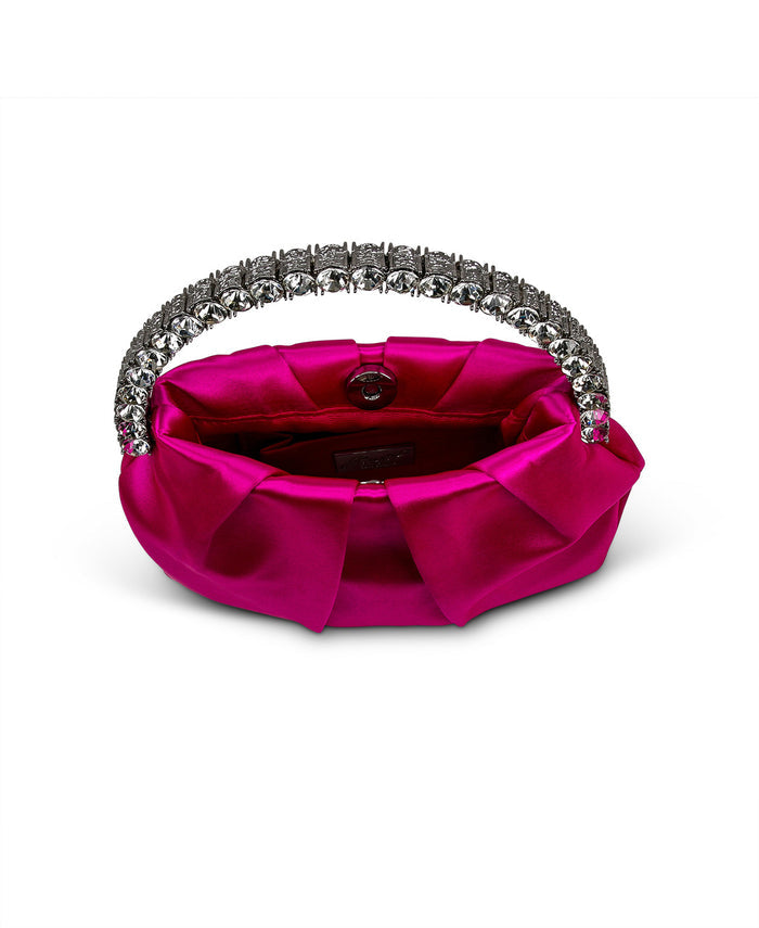 Neon Pink | Audrey Pleated Satin Pouch with Halfmoon Crystal Handle