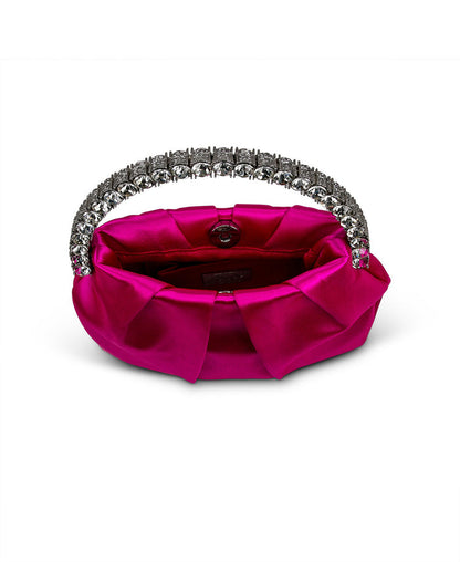 Neon Pink | Audrey Pleated Satin Pouch with Halfmoon Crystal Handle