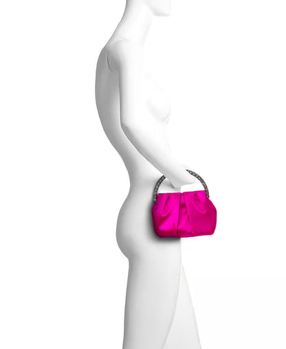 Neon Pink | Audrey Pleated Satin Pouch with Halfmoon Crystal Handle