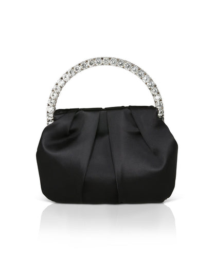 Black | Audrey Pleated Satin Pouch with Halfmoon Crystal Handle