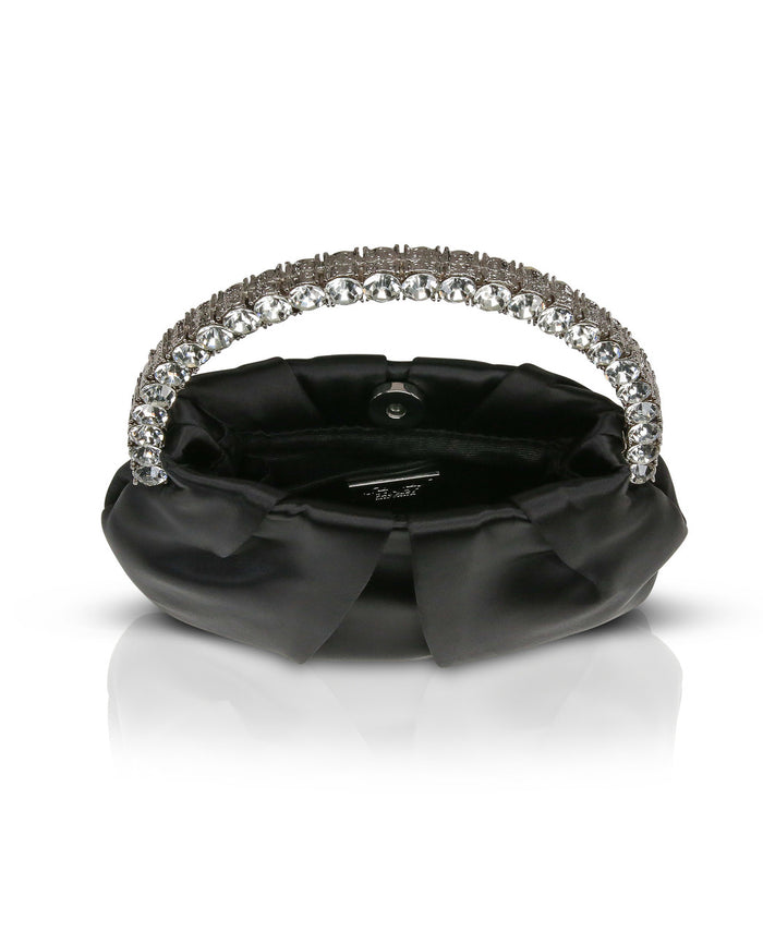 Black | Audrey Pleated Satin Pouch with Halfmoon Crystal Handle