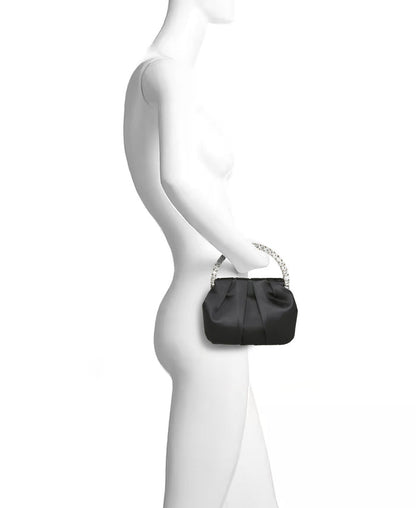 Black | Audrey Pleated Satin Pouch with Halfmoon Crystal Handle