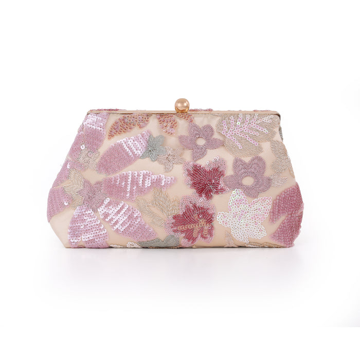 Champagne | Floral Sequin Pouch Clutch Back