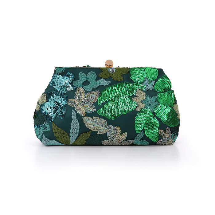 Teal | Floral Sequin Pouch Clutch Front