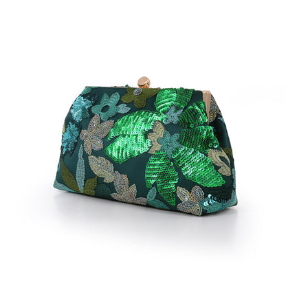 Teal | Floral Sequin Pouch Clutch Side