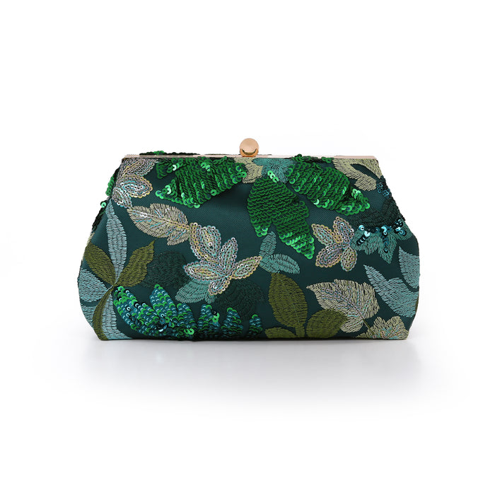 Teal | Floral Sequin Pouch Clutch Back