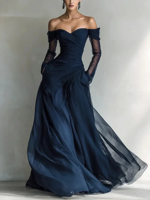 Eleonora • Long dress with off-the-shoulder design and mesh insertions