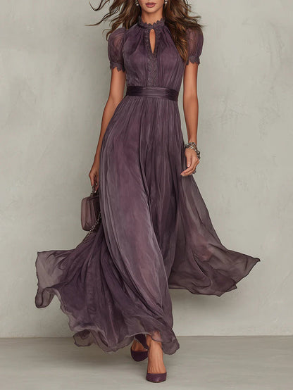 Flavia • Long purple dress with keyhole neckline, chiffon lace trim