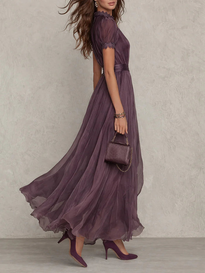 Flavia • Long purple dress with keyhole neckline, chiffon lace trim