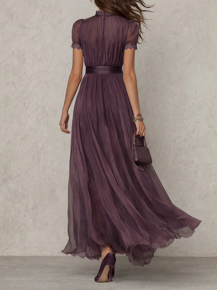 Flavia • Long purple dress with keyhole neckline, chiffon lace trim