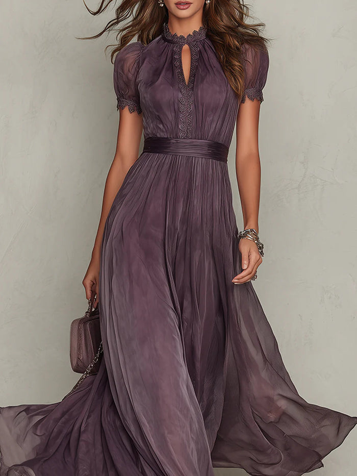 Flavia • Long purple dress with keyhole neckline, chiffon lace trim