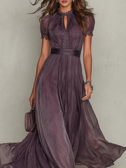 Flavia • Long purple dress with keyhole neckline, chiffon lace trim