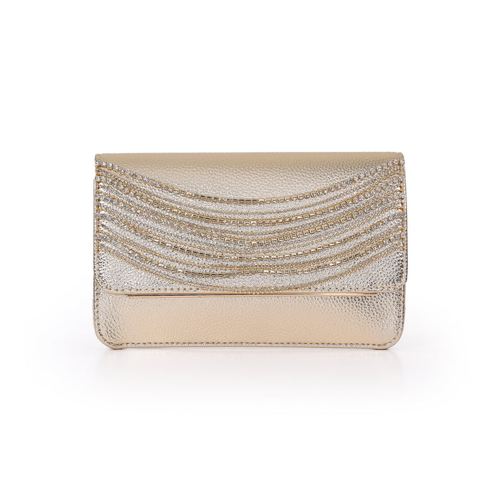 Gold | Fauv Leather Crystal Chain Envelope Clutch Front