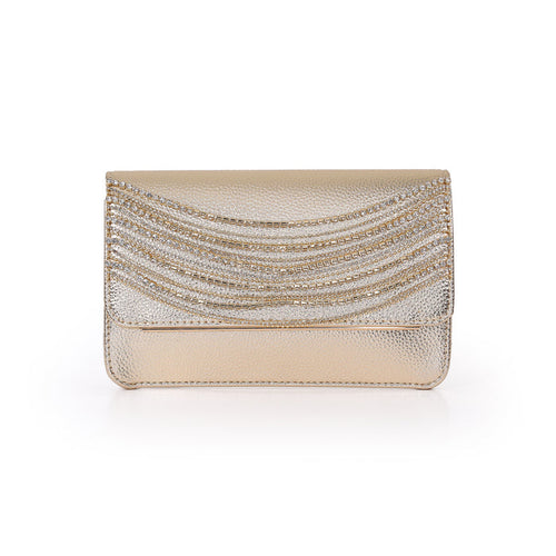 Gold | Fauv Leather Crystal Chain Envelope Clutch Front