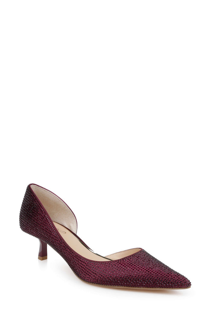 Bordeaux Satin | Teegan Pointed Toe Kitten Heel Pumps Front Side