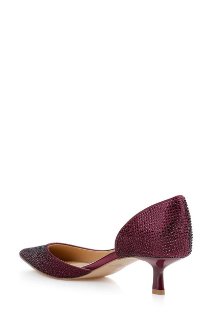 Bordeaux Satin | Teegan Pointed Toe Kitten Heel Pumps Back Side